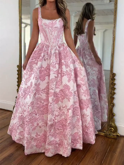 Square Neck Floral Corset Prom Dress Aline with Pearls Pink