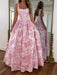 Square Neck Floral Corset Prom Dress Aline with Pearls Pink