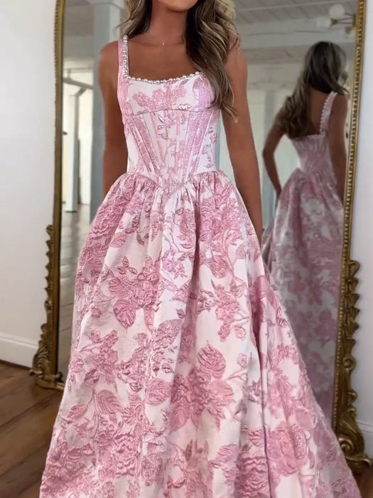 Square Neck Floral Corset Prom Dress Aline with Pearls Pink