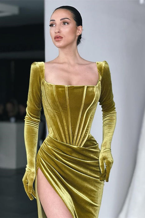 Square Neck Long Sleeve Prom Dress With Slit