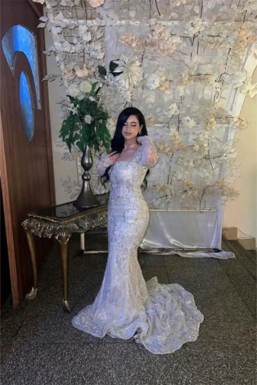 Charming Square Neck Long Sleeves Mermaid Prom Dress with Beads