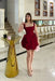 Square Neck Pleated Satin Aline Homecoming Dress with Straps Dark Burgundy