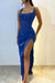 Square Neck Ruffle Satin Side Split Prom Dress Spaghetti Straps Beadings Party Dress