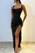 Square Neck Ruffle Satin Side Split Prom Dress Spaghetti Straps Beadings Party Dress