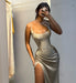 Square Neck Ruffle Satin Side Split Prom Dress Spaghetti Straps Beadings Party Dress