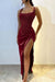 Square Neck Ruffle Satin Side Split Prom Dress Spaghetti Straps Beadings Party Dress