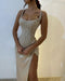 Square Neck Ruffle Satin Side Split Prom Dress Spaghetti Straps Beadings Party Dress