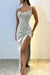 Square Neck Ruffle Satin Side Split Prom Dress Spaghetti Straps Beadings Party Dress