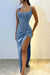 Square Neck Ruffle Satin Side Split Prom Dress Spaghetti Straps Beadings Party Dress