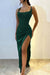 Square Neck Ruffle Satin Side Split Prom Dress Spaghetti Straps Beadings Party Dress