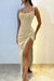 Square Neck Ruffle Satin Side Split Prom Dress Spaghetti Straps Beadings Party Dress