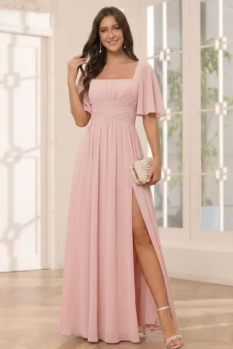 Square Neck Ruffle Sleeve Chiffon Bridesmaid Dress with Slit