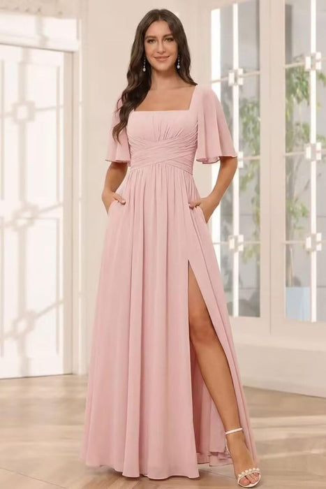 Square Neck Ruffle Sleeve Chiffon Bridesmaid Dress with Slit