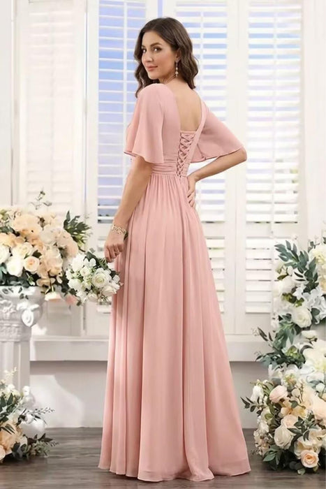 Square Neck Ruffle Sleeve Chiffon Bridesmaid Dress with Slit