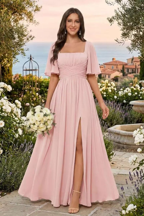 Square Neck Ruffle Sleeve Chiffon Bridesmaid Dress with Slit