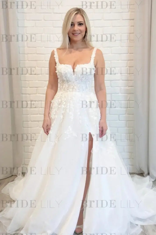 Square Neck Tulle Aline Wedding Dresses Front Split Sleeveless Bridal Dress - Wedding Dresses