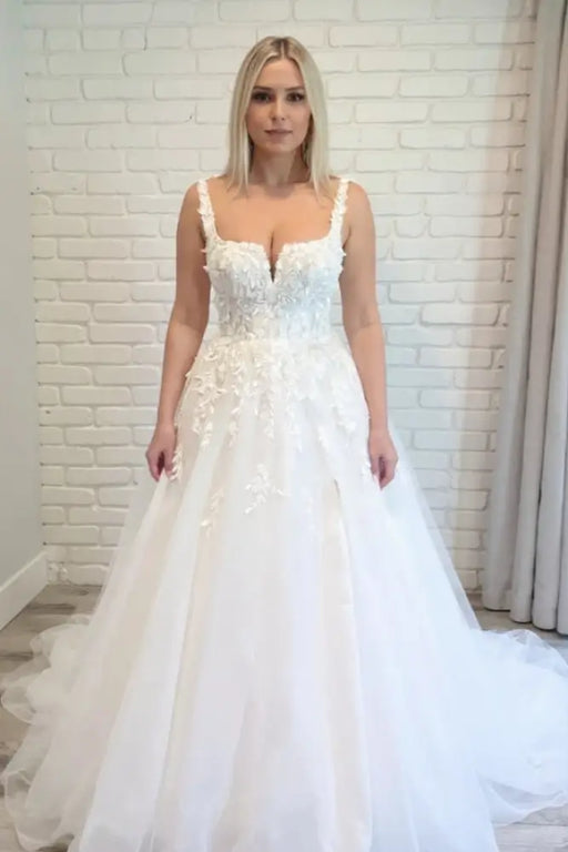 Square Neck Tulle Aline Wedding Dresses Front Split Sleeveless Bridal Dress - Wedding Dresses