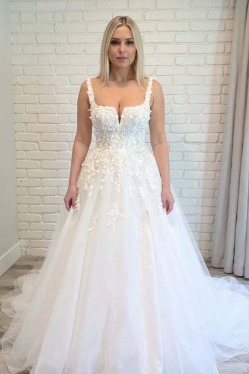 Square Neck Tulle Aline Wedding Dresses Front Split Sleeveless Bridal Dress - Wedding Dresses