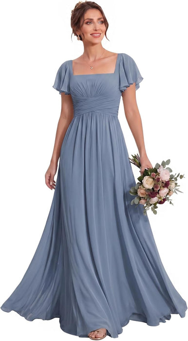 Bridelily Women's Flutter Sleeves Bridesmaid Dresses Square Neck Chiffon Maxi Dres - Steel Blue