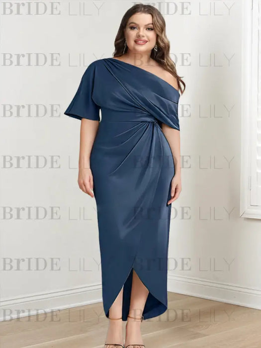 Steel blue satin draped dress on plus size model, front view