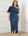 Steel blue satin draped dress on plus size model, front view