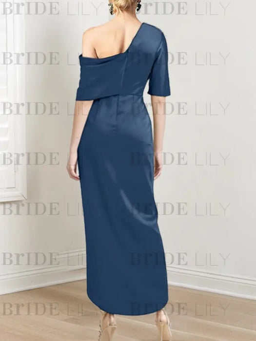 Back view of steel blue satin draped shoulder dress