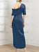 Back view of steel blue satin draped shoulder dress