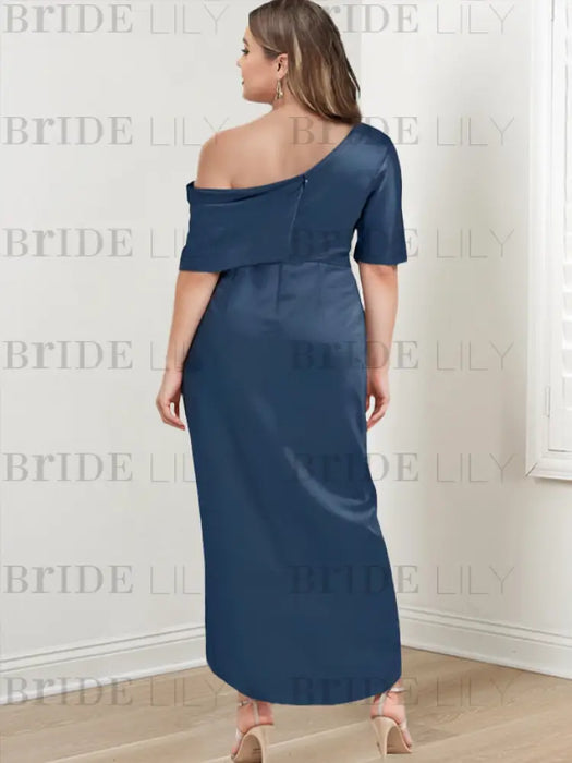 Back view of the steel blue satin dress on plus size model