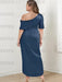 Back view of the steel blue satin dress on plus size model