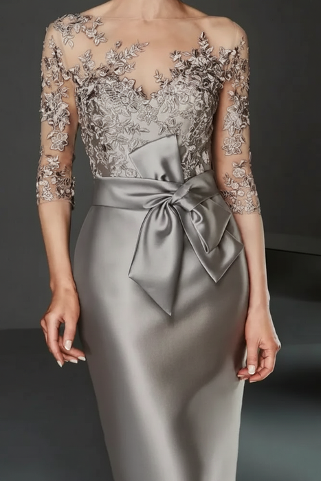 Steel Grey Bateau 3/4 Long Sleeves Satin Mother of the Bride Dresses with Lace - Prom Dresses
