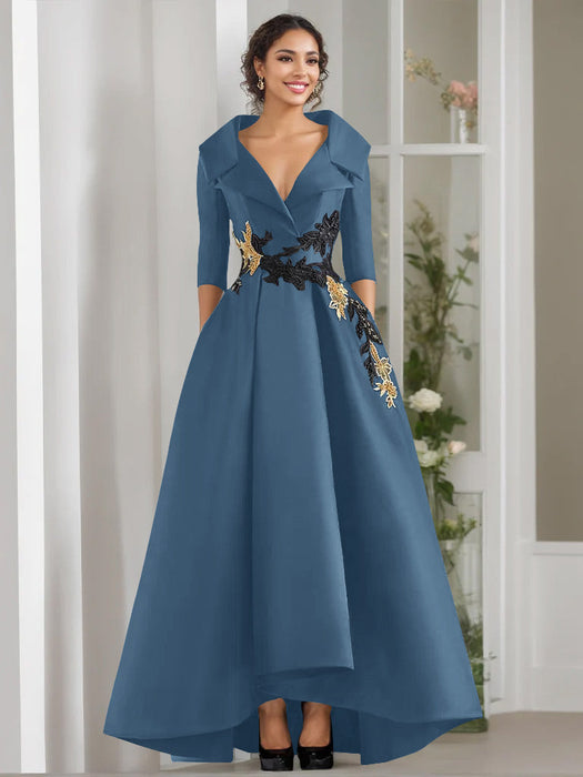 V-Neck A-Line Princess Floor-Length Mother of the Bride Dress with 3/4 Sleeves Appliques and Beading