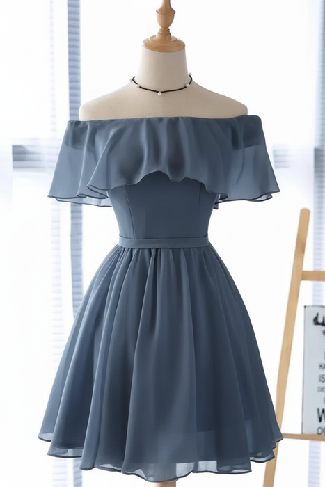 Stormy Blue Off Shoulder Chiffon Homecoming Dress