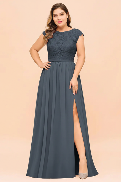 Stormy Blue Plus Size Bridesmaid Dress Lace with Split Cap Sleeves Chiffon Wedding Guest Dress