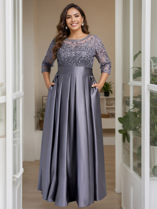 Stormy Blue Plus Size Floor-Length Mother of the Bride A-Line Dress with 3/4 Sleeves Scoop Neck Bow & Sequins