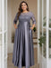 Stormy Blue Plus Size Floor-Length Mother of the Bride A-Line Dress with 3/4 Sleeves Scoop Neck Bow & Sequins