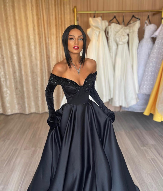 Strapless A-Line Black Prom Dress with Gloves in Charmeuse — Bridelily