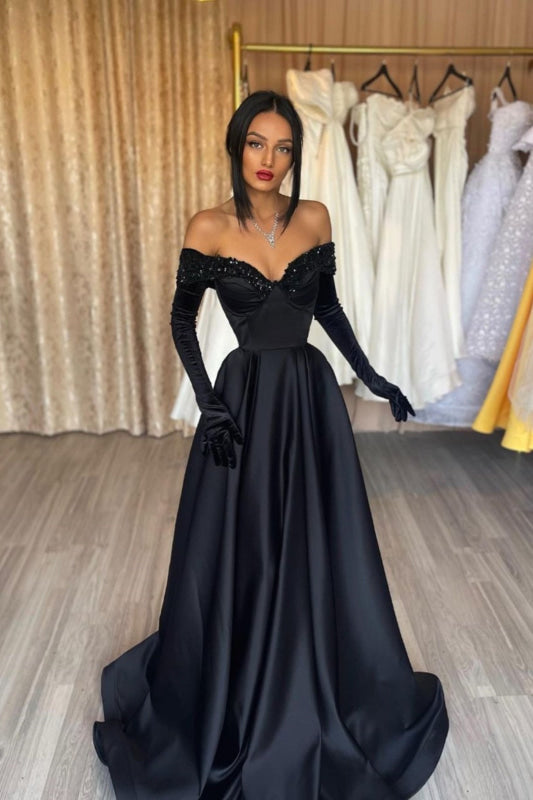 Strapless A-Line Black Prom Dress with Gloves in Charmeuse — Bridelily