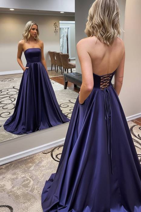 Regency Strapless Backless Long Prom Dresses with Pocket