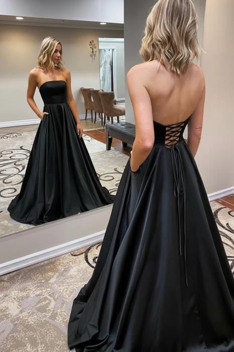 Black Strapless Backless Long Prom Dresses with Pocket