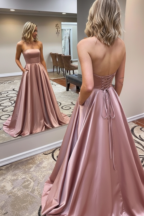 Strapless Backless Dusty Pink Long Prom Dresses with Pocket