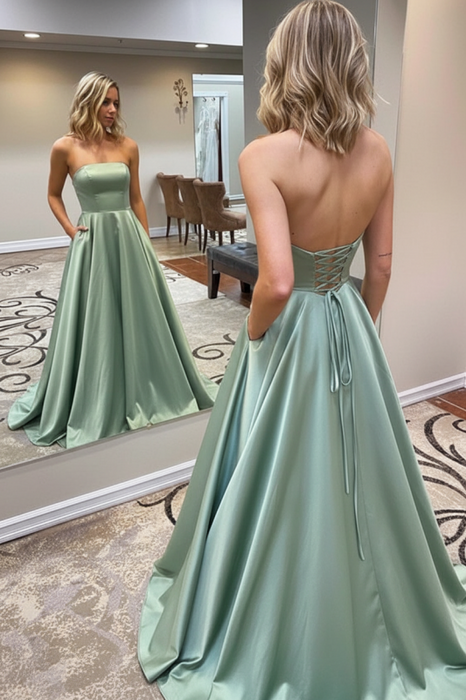 Sage Strapless Backless Long Prom Dresses with Pocket