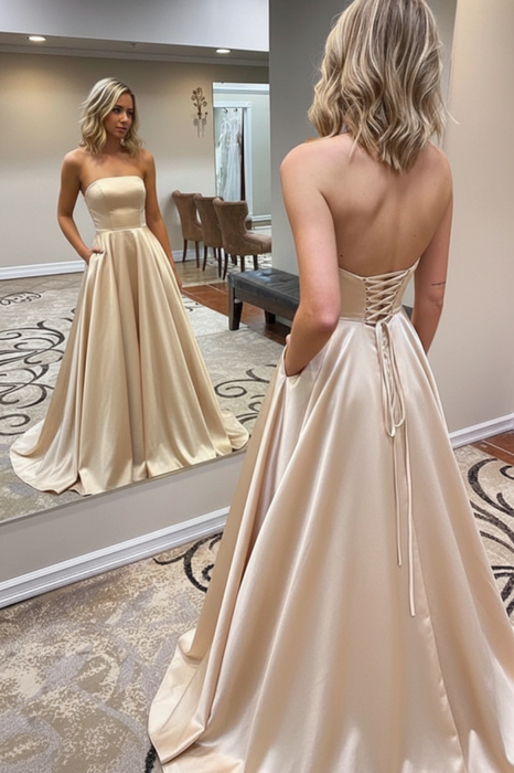Champagne Strapless Backless Long Prom Dresses with Pocket