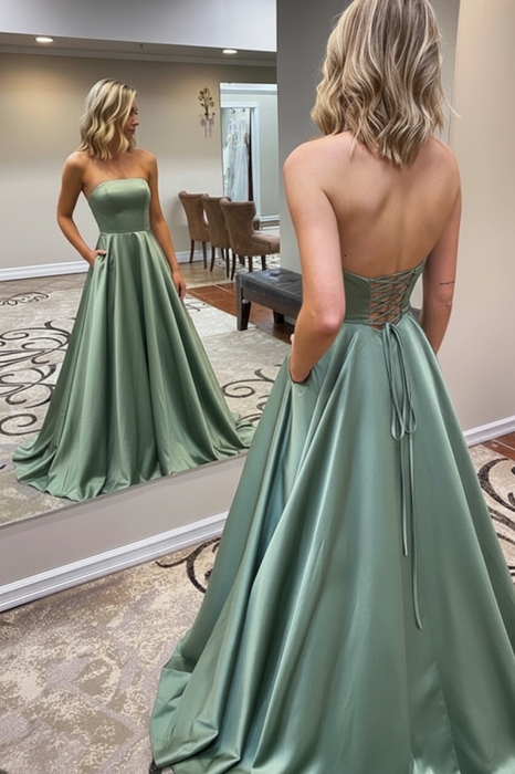 Dusty Sage Strapless Backless Long Prom Dresses with Pocket