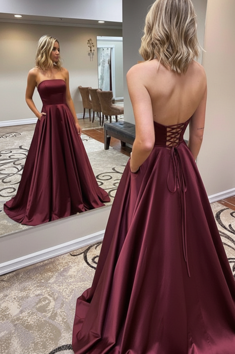 Burgundy Strapless Backless Long Prom Dresses with Pocket