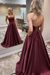 Burgundy Strapless Backless Long Prom Dresses with Pocket