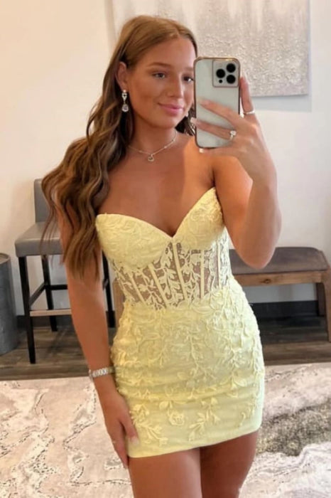 Strapless Beaded Short Yellow Lace Prom Dresses Yellow Lace Homecoming Dresses Mermaid Yellow Formal Evening Dresses - Prom Dress