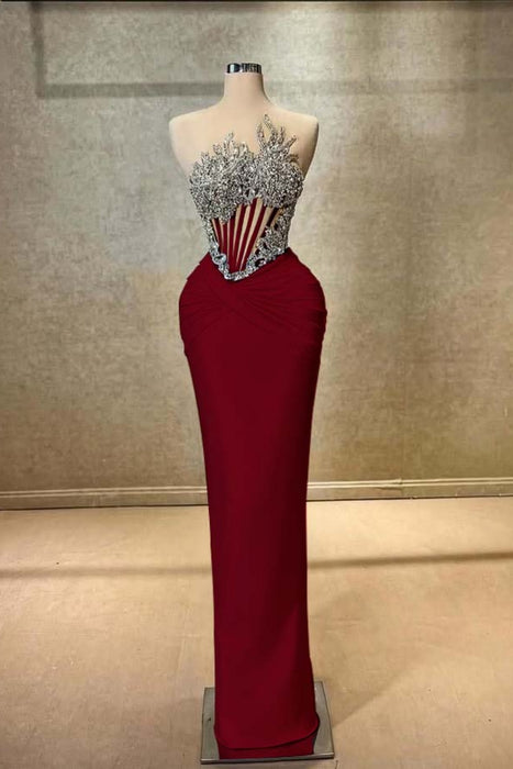 Strapless Beadings Prom Dress Mermaid Evening Gown Sleeveless Burgundy
