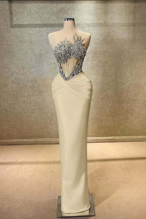 Strapless Beadings Prom Dress Mermaid Evening Gown Sleeveless Light Yellow