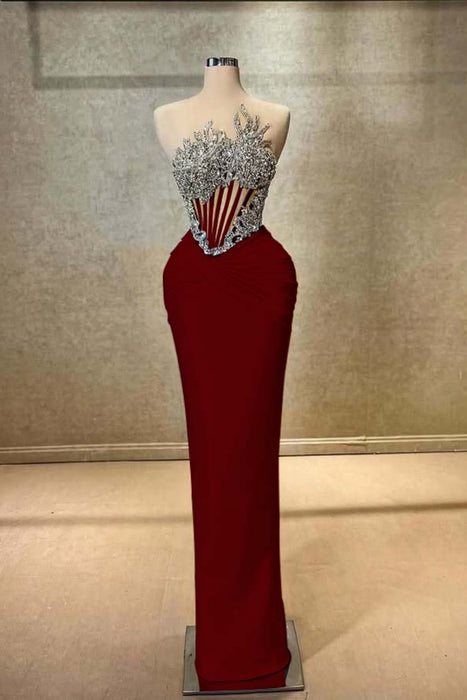 Strapless Beadings Prom Dress Mermaid Evening Gown Sleeveless Dark Burgundy
