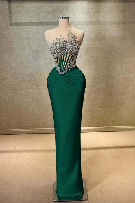 Strapless Beadings Prom Dress Mermaid Evening Gown Sleeveless Dark Green